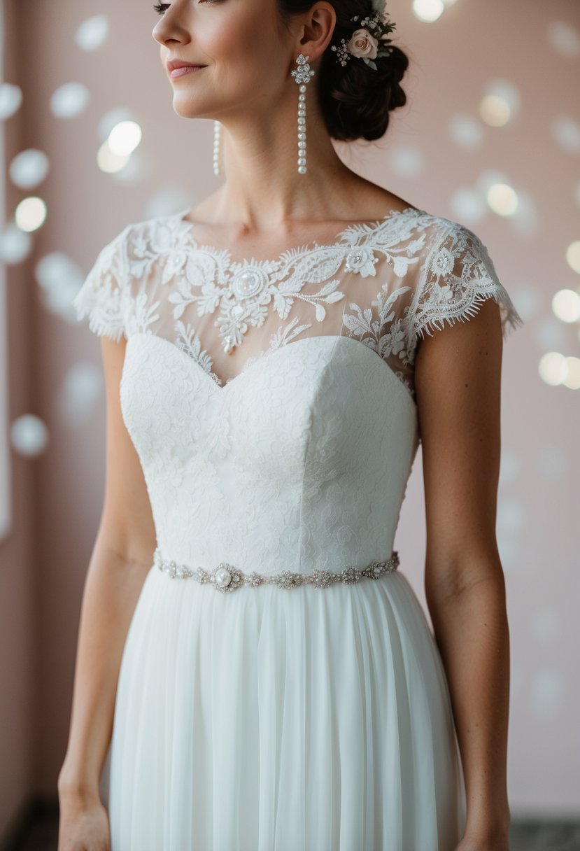 A bride's simple wedding dress adorned with delicate lace and a dainty belt, complemented by a pair of elegant pearl earrings and a subtle floral hairpiece