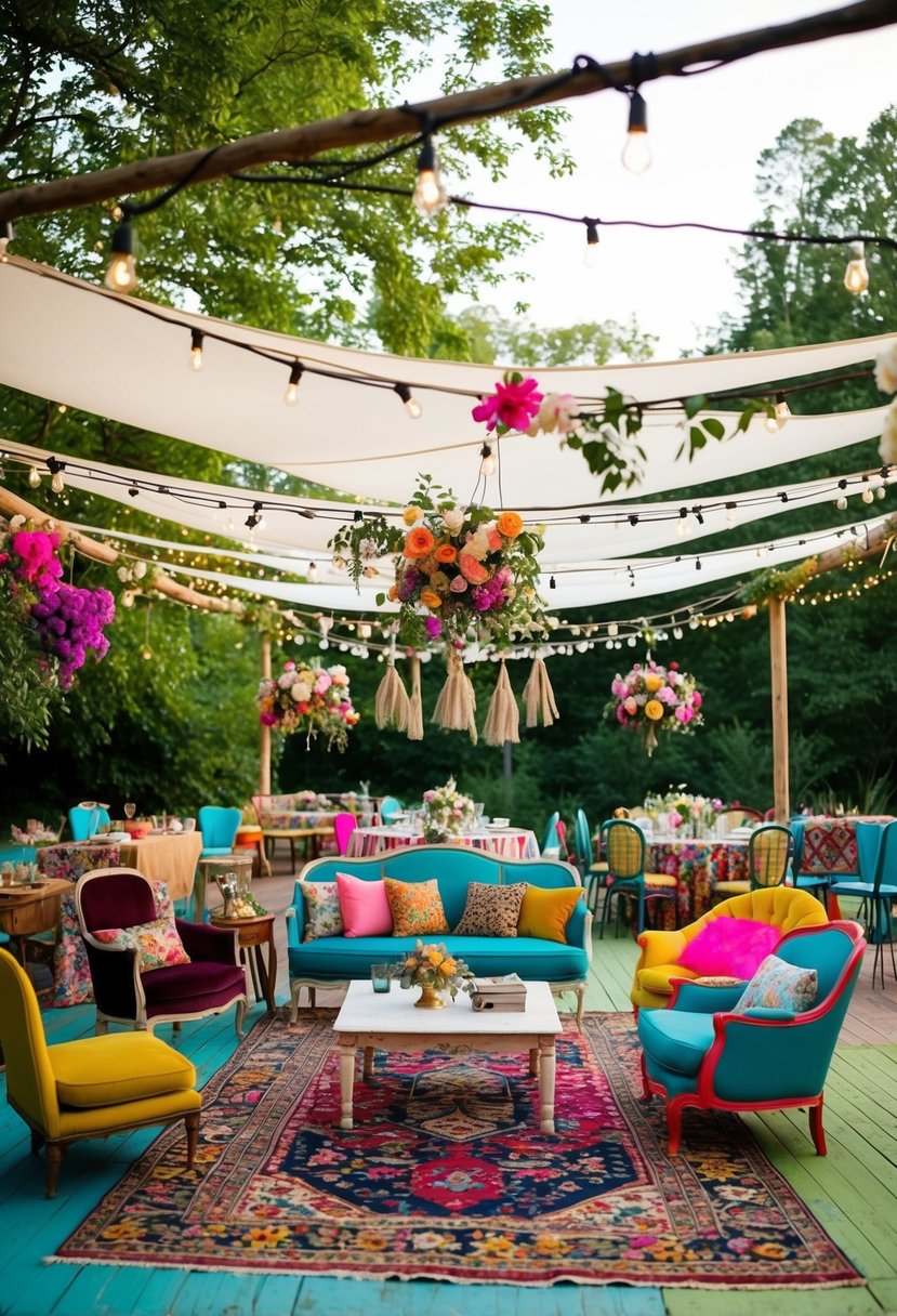 A colorful outdoor wedding with eclectic decor, vintage rugs, and mismatched furniture under a canopy of fairy lights and hanging flowers