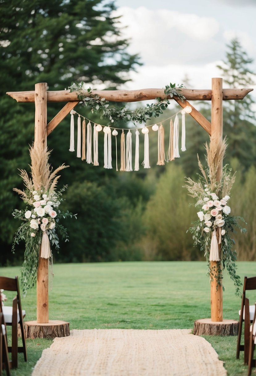 A rustic wooden arch adorned with bohemian decor for a wedding ceremony