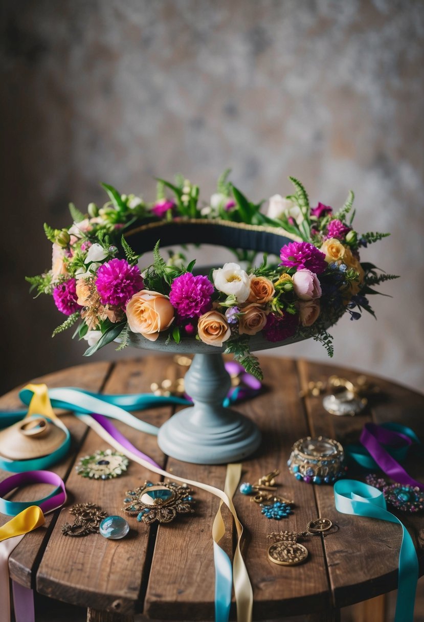 A lush, floral headpiece sits atop a rustic wooden table surrounded by colorful ribbons and vintage trinkets