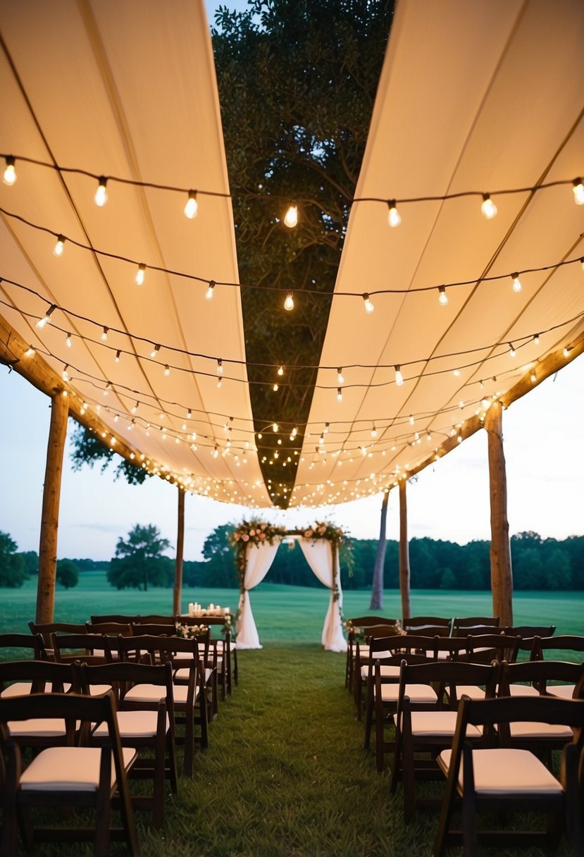 A canopy of string lights drapes over a bohemian wedding, creating a warm and romantic atmosphere