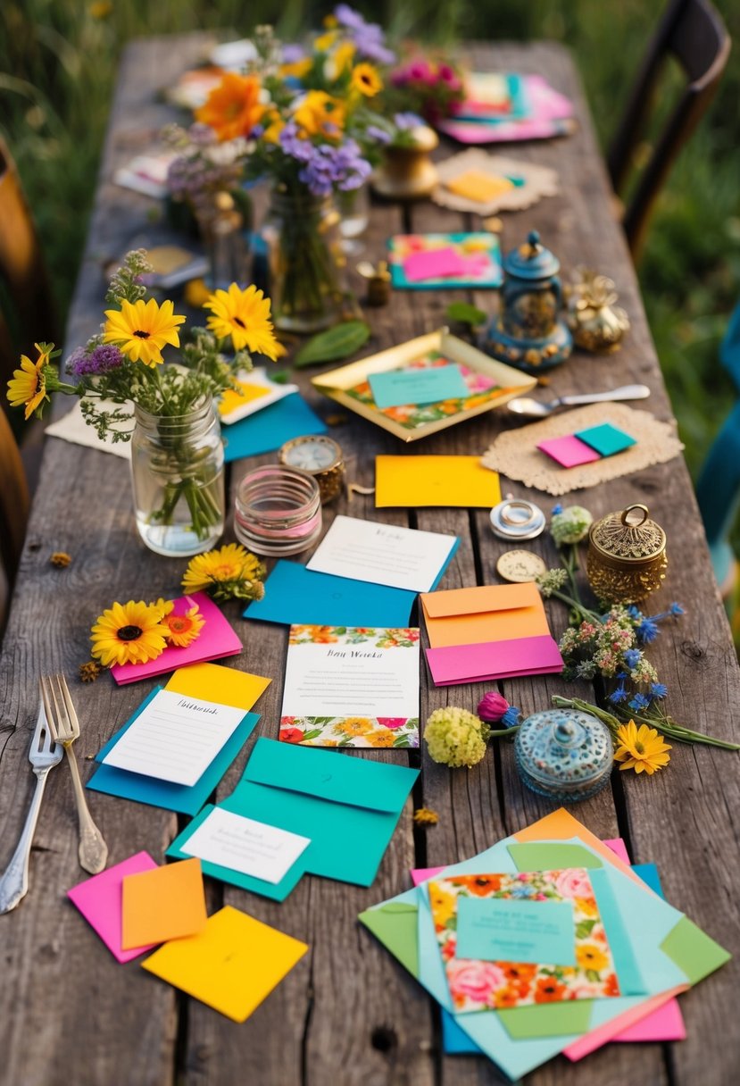 A rustic wooden table adorned with colorful, handcrafted paper and fabric stationery, surrounded by wildflowers and vintage trinkets