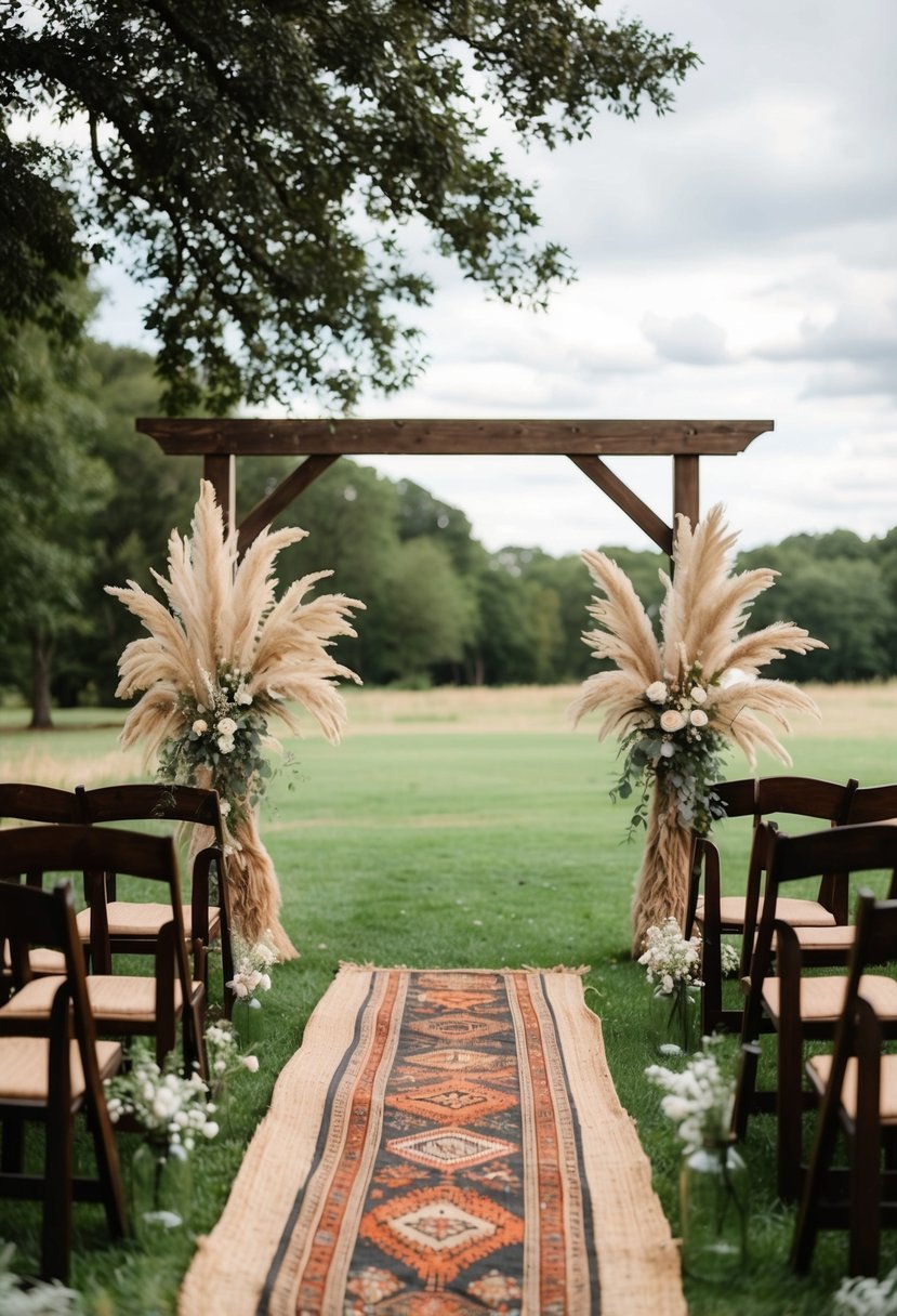 A rustic outdoor wedding with pampas grass decor, wooden arch, and vintage rugs under a canopy of trees