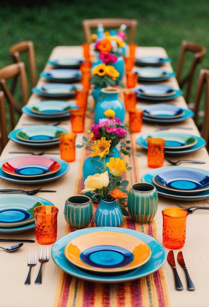 A table set with colorful ceramic tableware for a bohemian wedding celebration