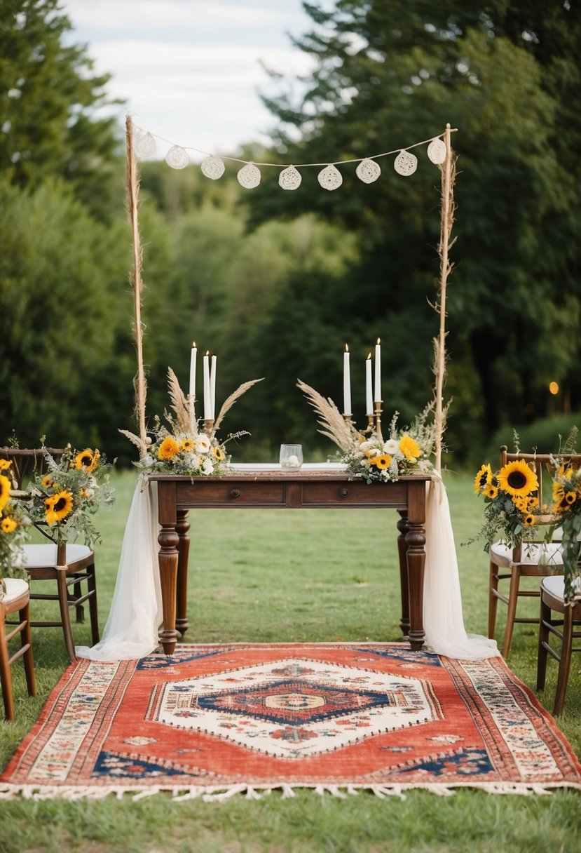 A vintage rug-covered outdoor wedding altar with bohemian decor and wildflowers