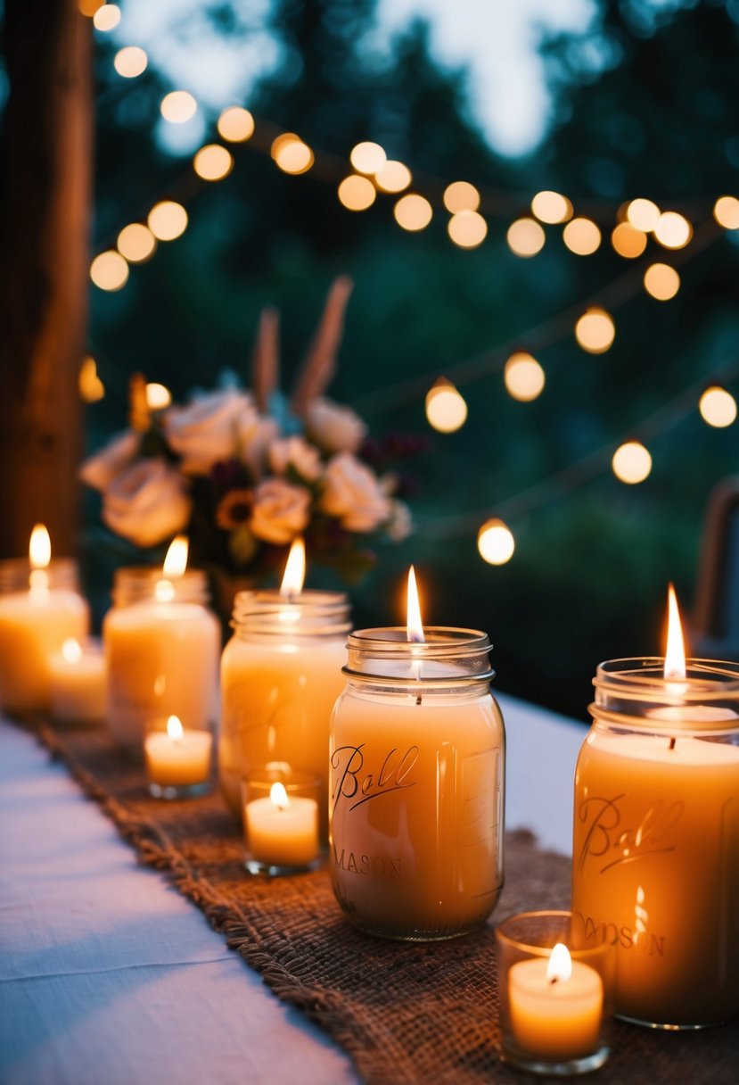 Mason jar candles illuminate a bohemian wedding setting with soft, warm light and a cozy, romantic atmosphere