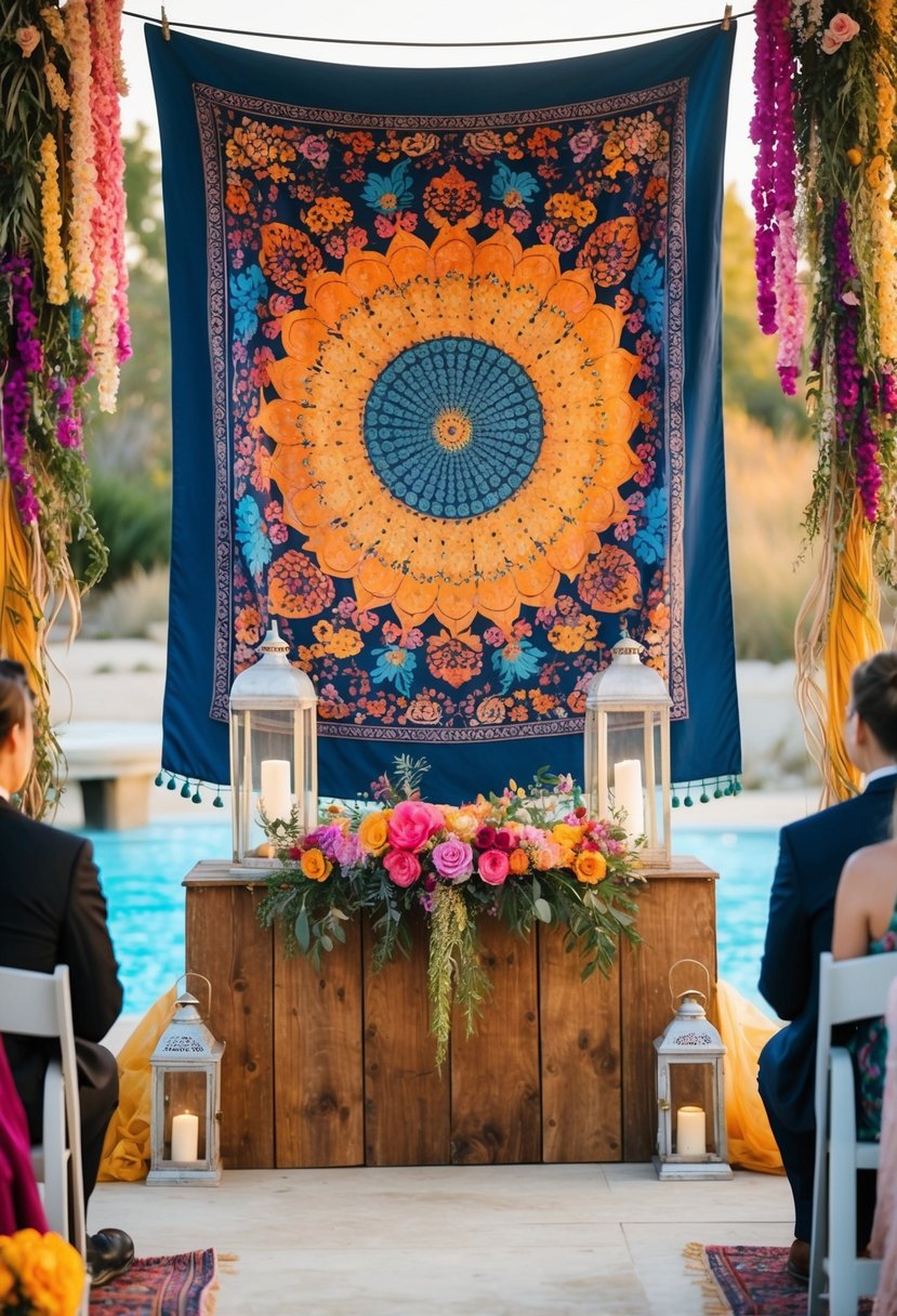 A colorful artisan tapestry hangs as a backdrop for a bohemian wedding altar, adorned with vibrant flowers and vintage lanterns