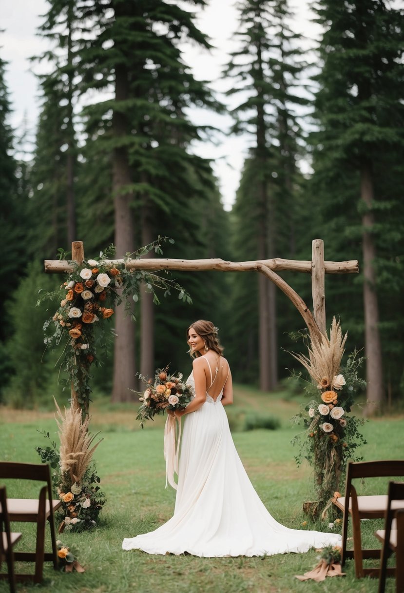 A bohemian wedding set in a lush forest clearing with a rustic wooden arch adorned with earthy toned flowers and greenery