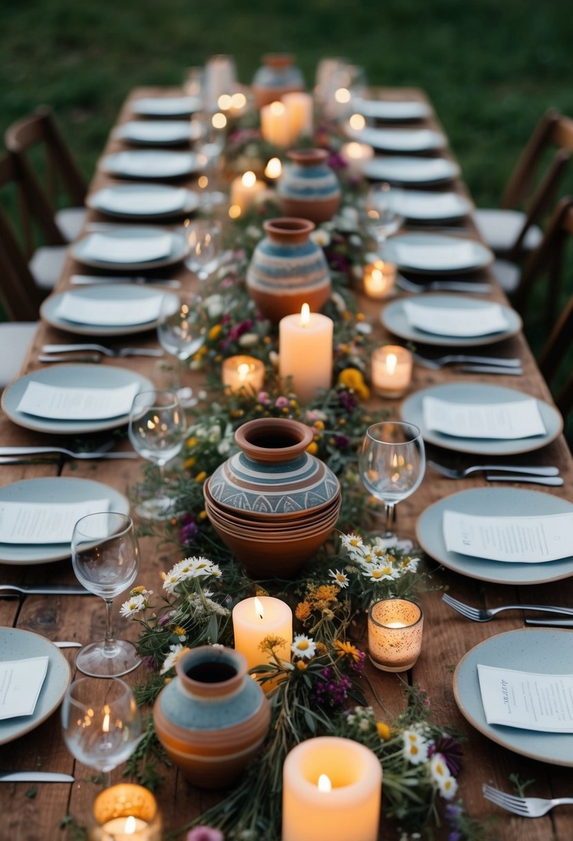 A rustic table adorned with handcrafted pottery centerpieces, surrounded by wildflowers and flickering candles, sets the scene for a bohemian wedding celebration