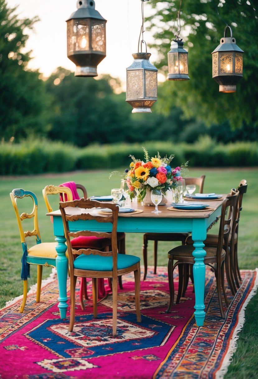 An outdoor wedding with mismatched vintage furniture, vibrant rugs, and hanging lanterns in a bohemian style