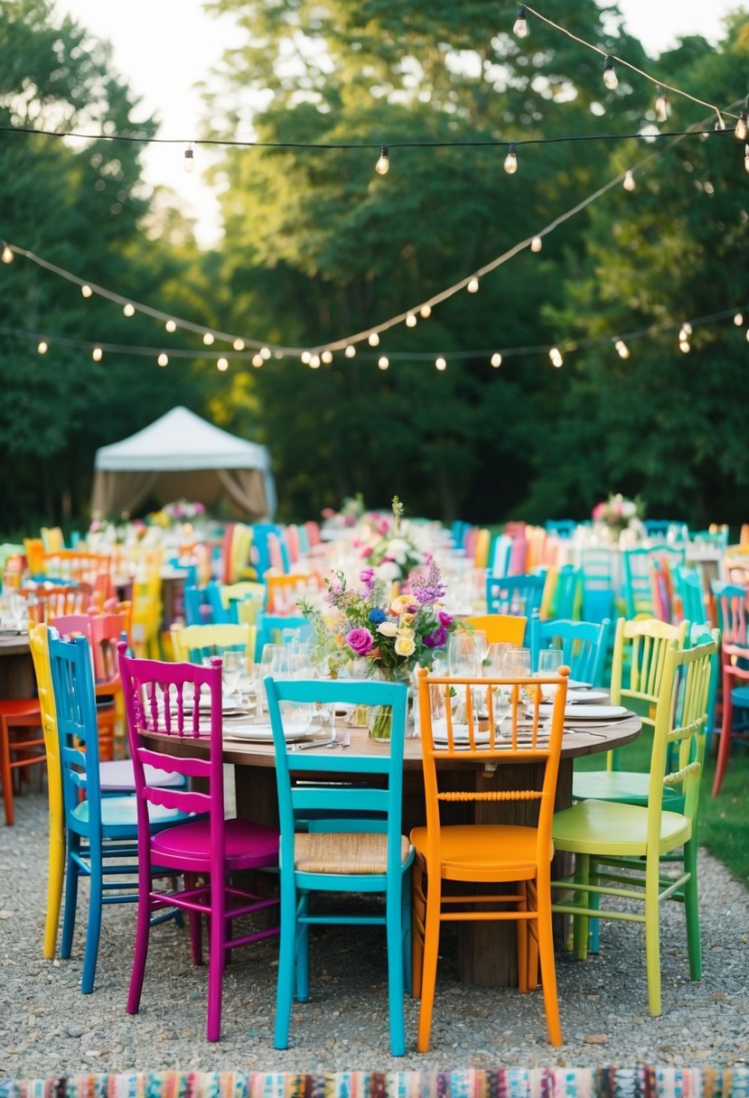 A colorful array of mismatched chairs arranged around a low wooden table in a bohemian outdoor wedding setting