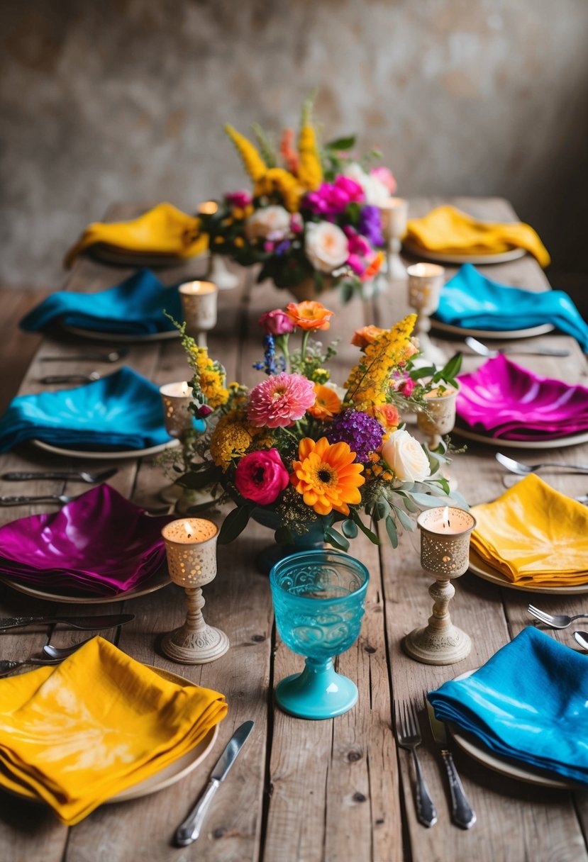 Vibrantly colored hand-dyed napkins arranged on a rustic wooden table, adorned with bohemian-inspired floral centerpieces and vintage candle holders