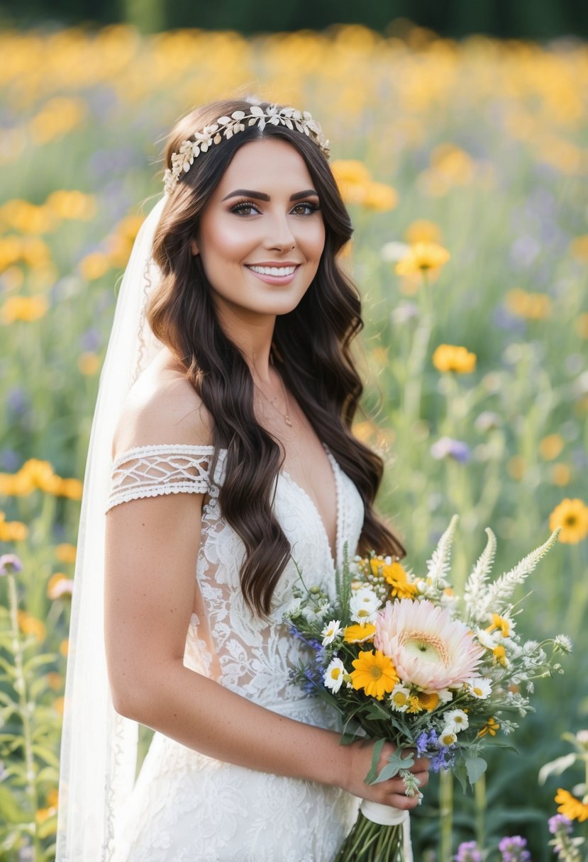 A bride wearing a bohemian crown in a field of wildflowers