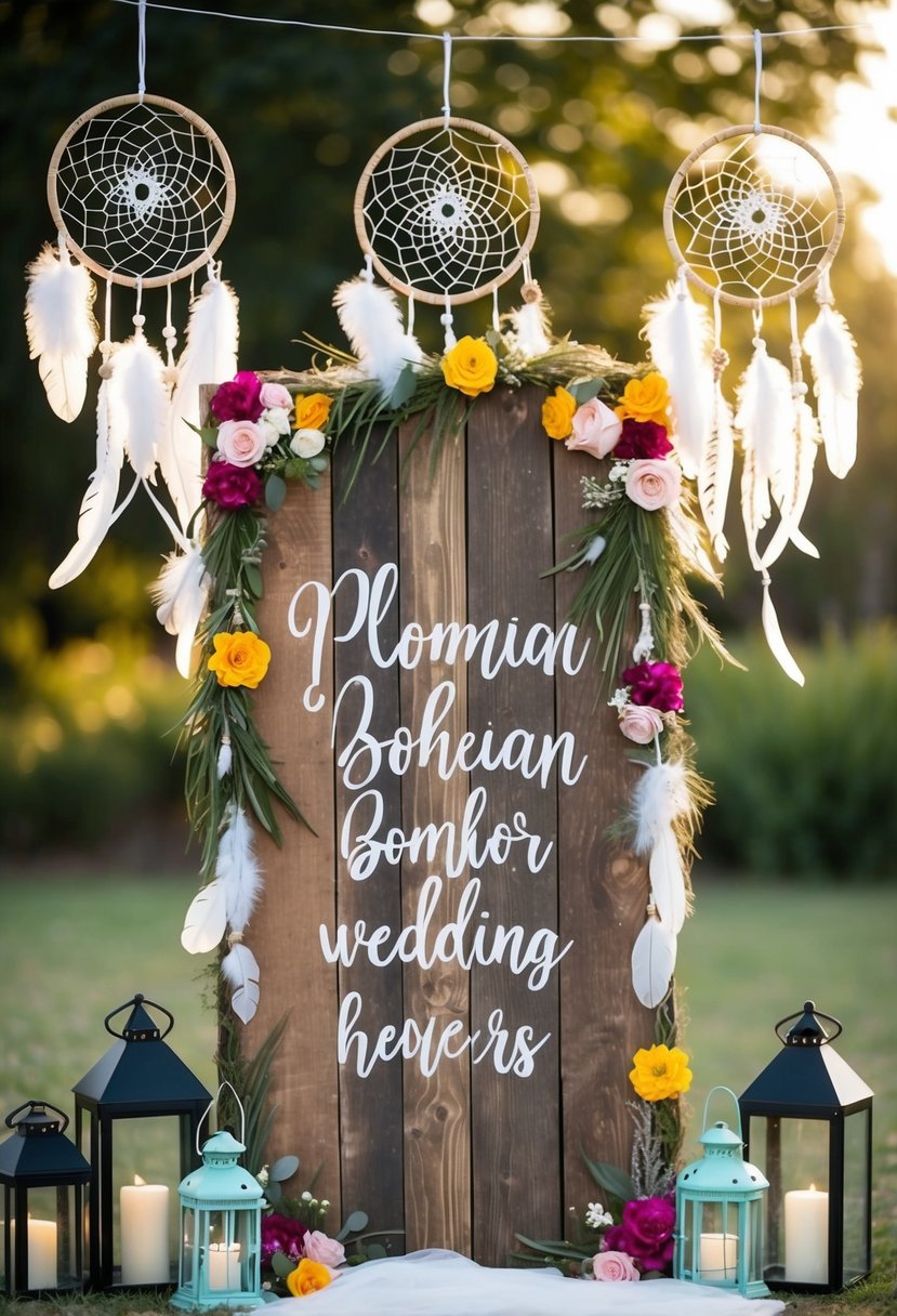 A rustic wooden sign adorned with flowers and feathers, surrounded by dreamcatchers and lanterns in an outdoor bohemian wedding setting