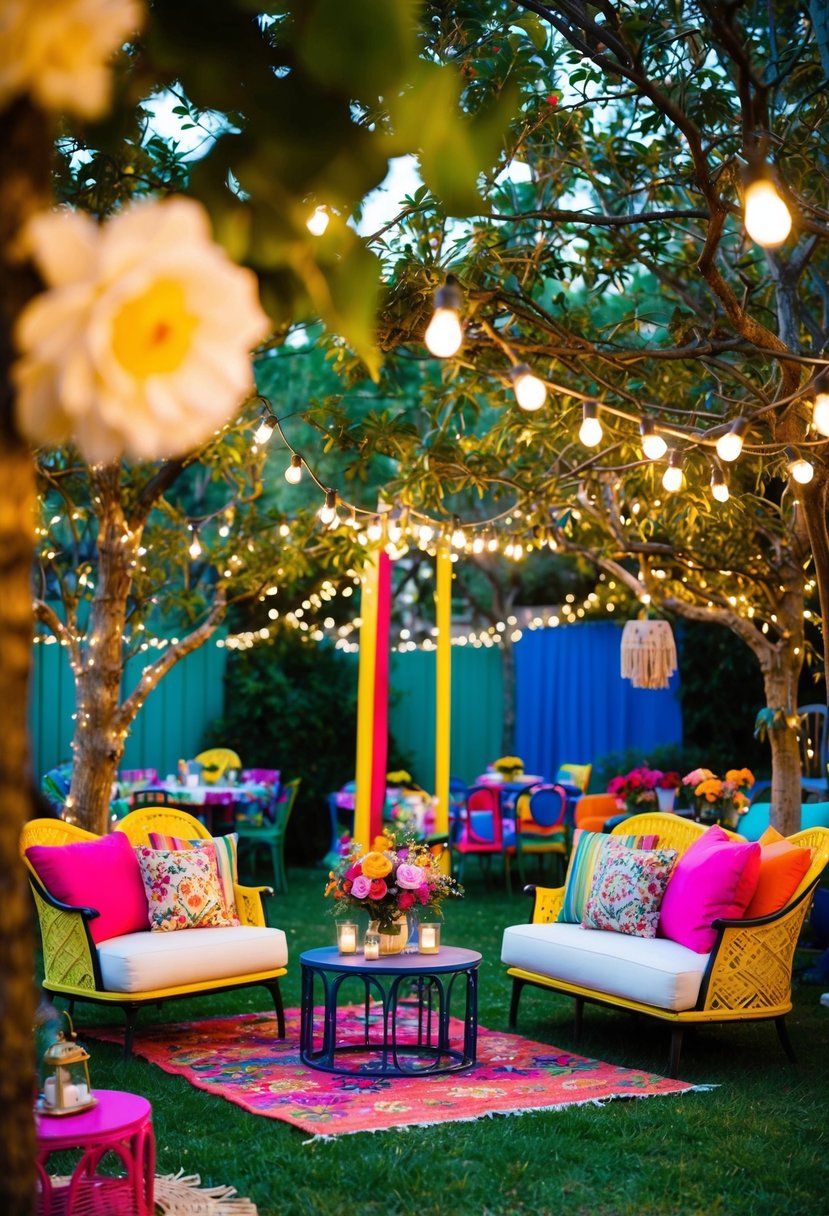 A colorful outdoor wedding set with eclectic decor, vibrant flowers, and cozy seating areas. Twinkling lights hang from the trees, creating a whimsical ambiance