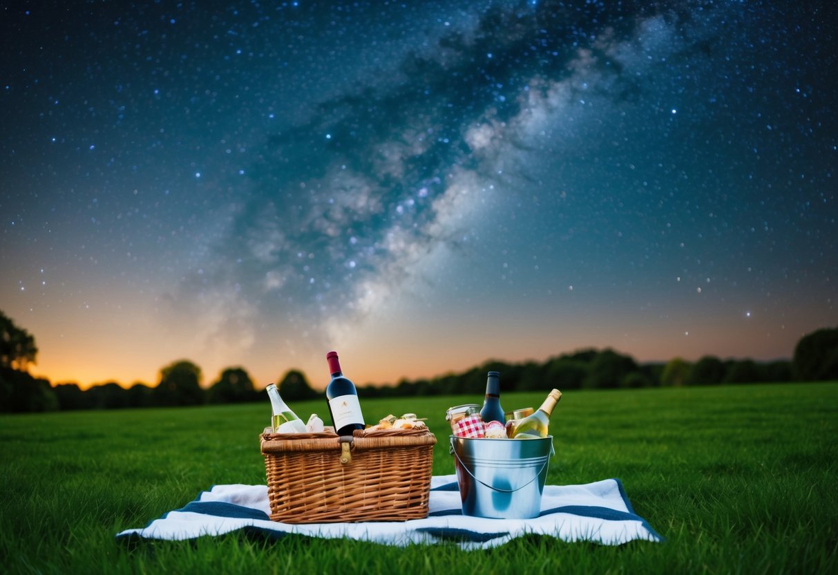 A cozy picnic under a starry sky, with a blanket spread out on lush green grass, a wicker basket filled with treats, and a bottle of wine chilling in a bucket