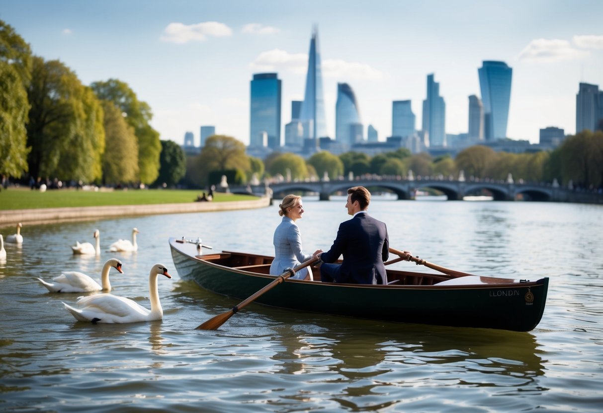 A couple rowing a boat on the Serpentine in Hyde Park, with swans swimming nearby and the London skyline in the background