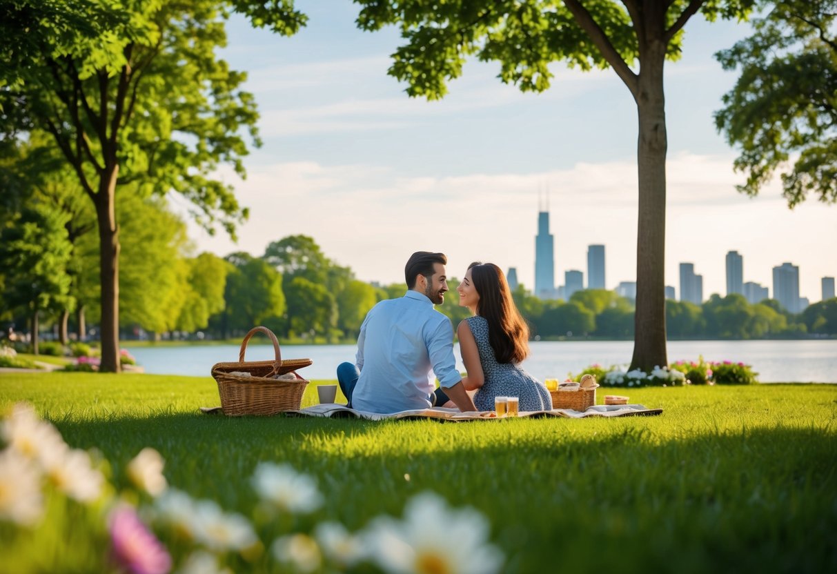 A couple enjoys a picnic in a lush park surrounded by trees and flowers, with a view of a serene lake and the city skyline in the distance