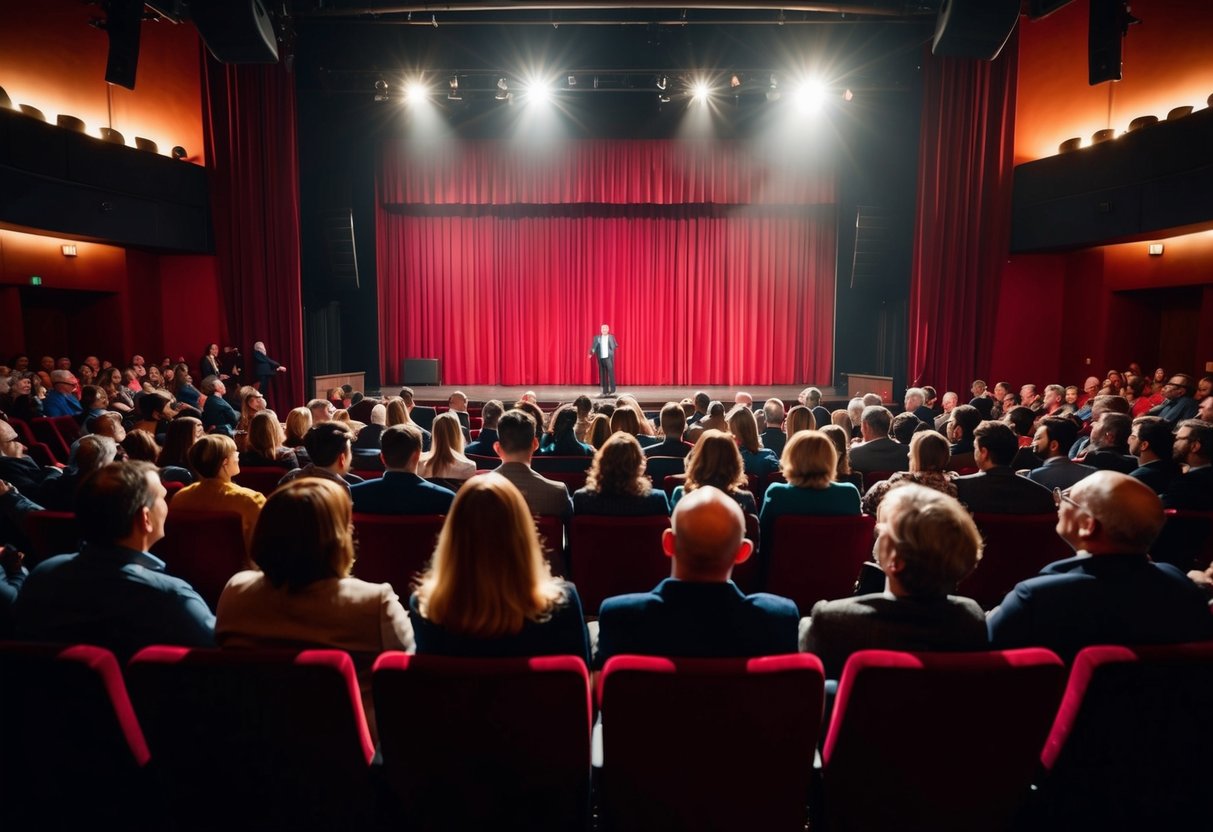 Audience members seated in a dimly lit theater, facing a stage with a red velvet curtain, as performers take the spotlight at HOME Manchester