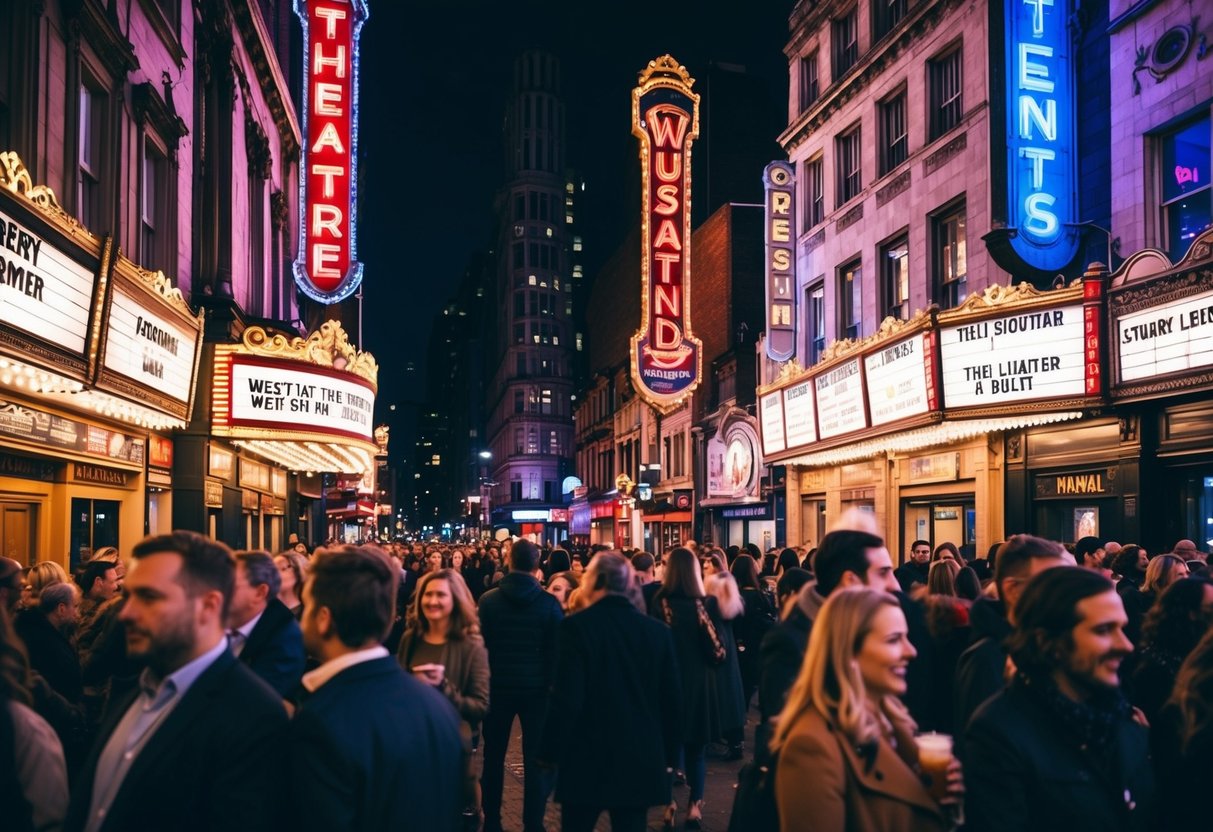 A bustling West End street at night, with colorful theatre marquees and glowing signs, surrounded by bustling crowds and the sound of music and laughter