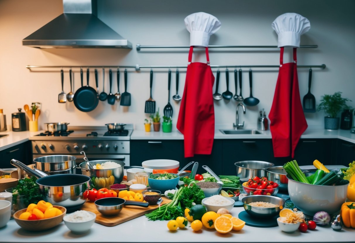 A colorful array of cooking utensils and ingredients spread out on a kitchen counter, with two chef hats and aprons hanging on hooks nearby