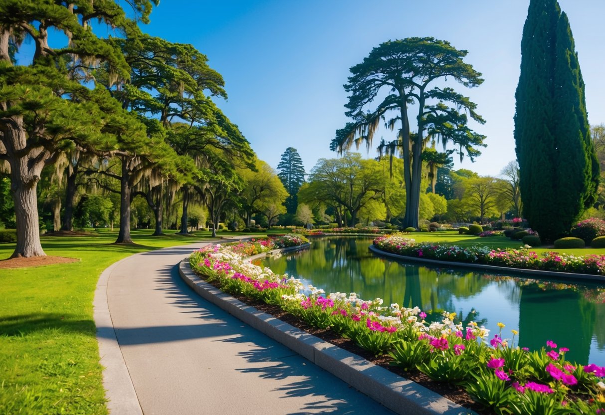 A winding path through Fletcher Moss Park, lined with vibrant flowers and towering trees, leads to a tranquil pond reflecting the clear blue sky