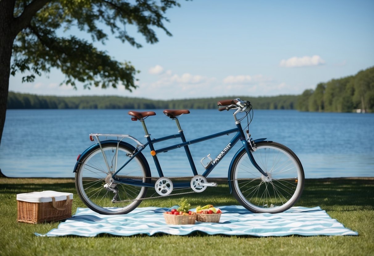 A tandem bike parked by a serene lake with a picnic blanket and a basket of food. Surrounding trees and a clear blue sky