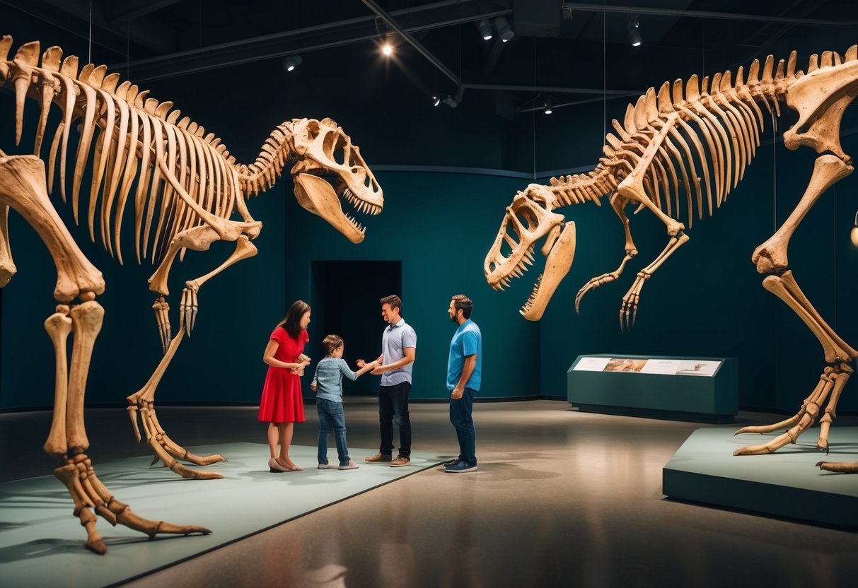 Families explore dinosaur skeletons under dim museum lights