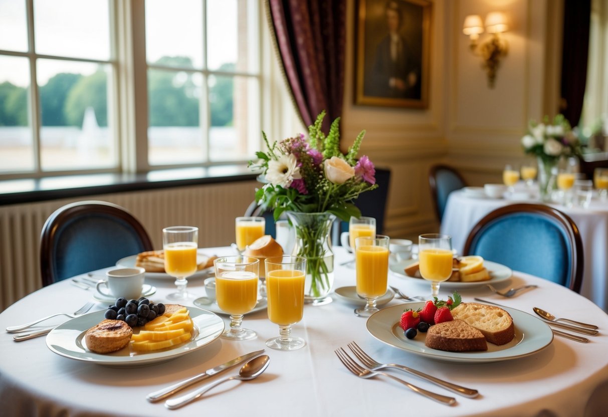 A table set with a variety of breakfast foods and drinks at Albert's Schloss in Manchester