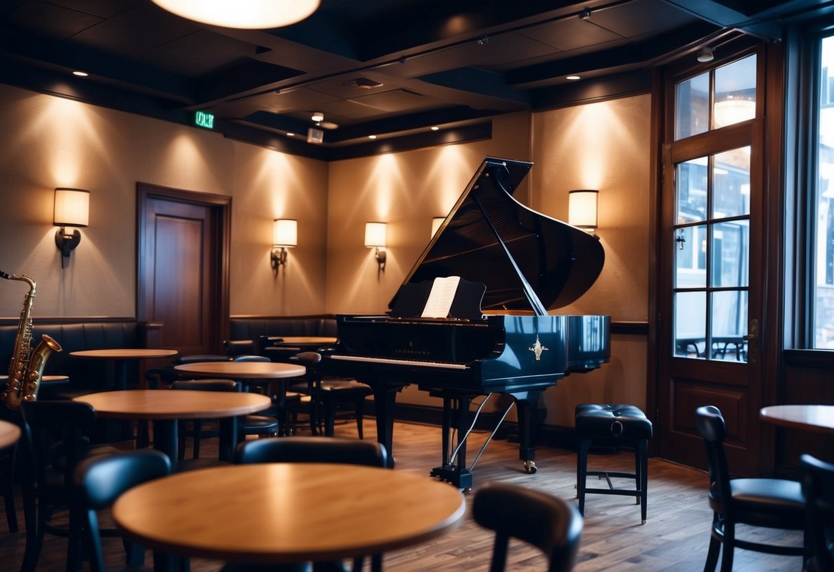 A cozy jazz club with dim lighting, small round tables, and a stage with a grand piano and a saxophone stand