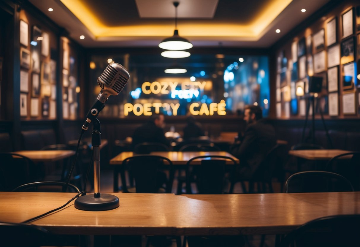 A cozy Poetry Cafe in London, with an open mic stage, dim lighting, and an intimate atmosphere