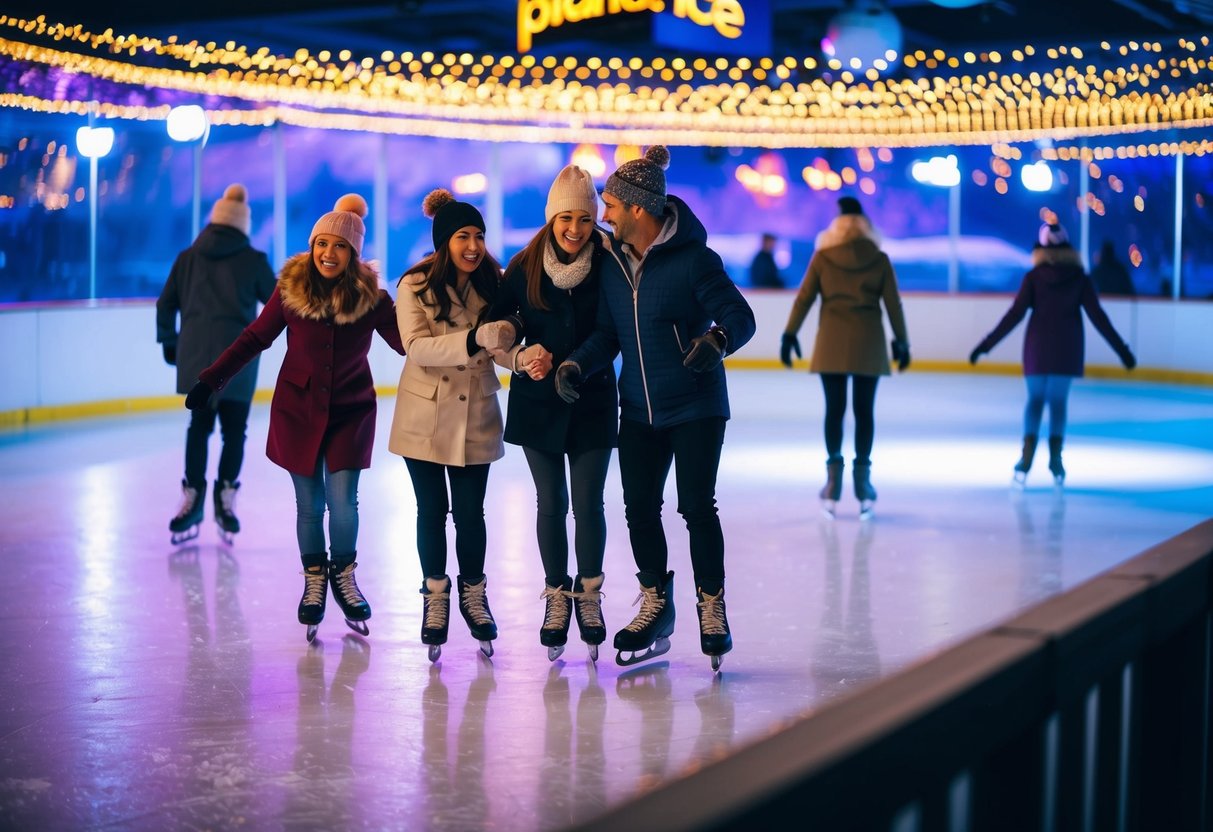 People ice skate at Planet Ice, surrounded by a colorful rink, glowing lights, and a festive atmosphere