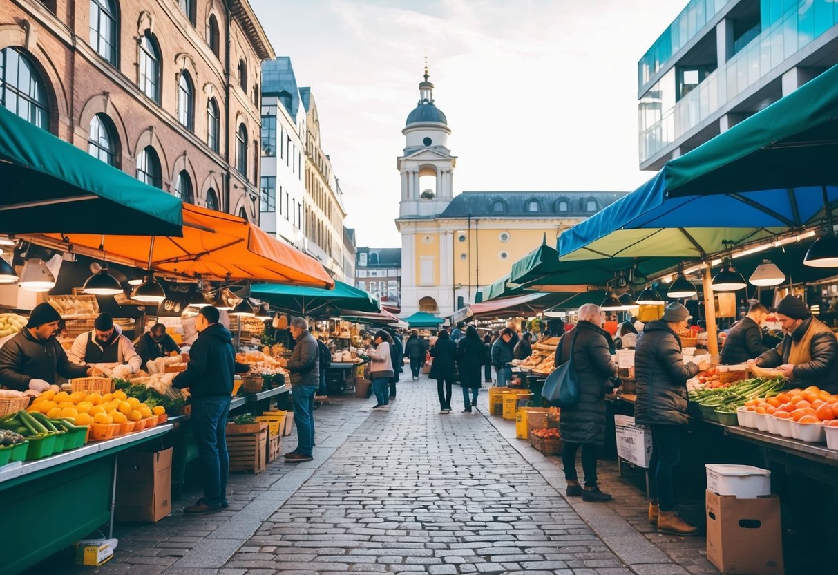 A bustling outdoor market with colorful stalls selling local produce and street food, surrounded by a mix of historic and modern architecture