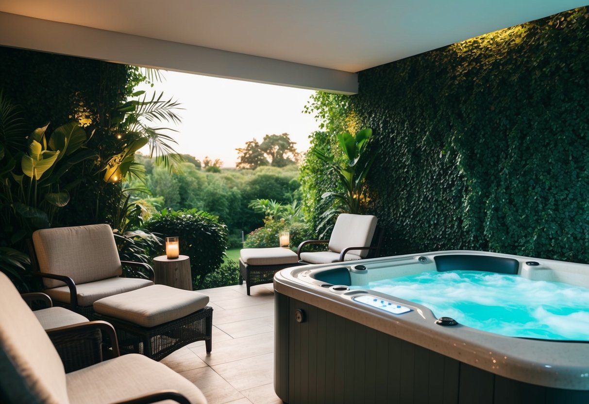 A serene spa with soft lighting, plush seating, and a bubbling hot tub surrounded by lush greenery