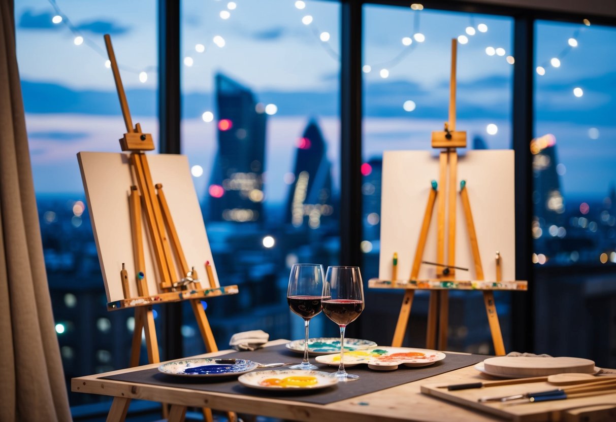 A cozy London workshop with easels, paint palettes, and wine glasses set against a backdrop of city skyline and twinkling lights