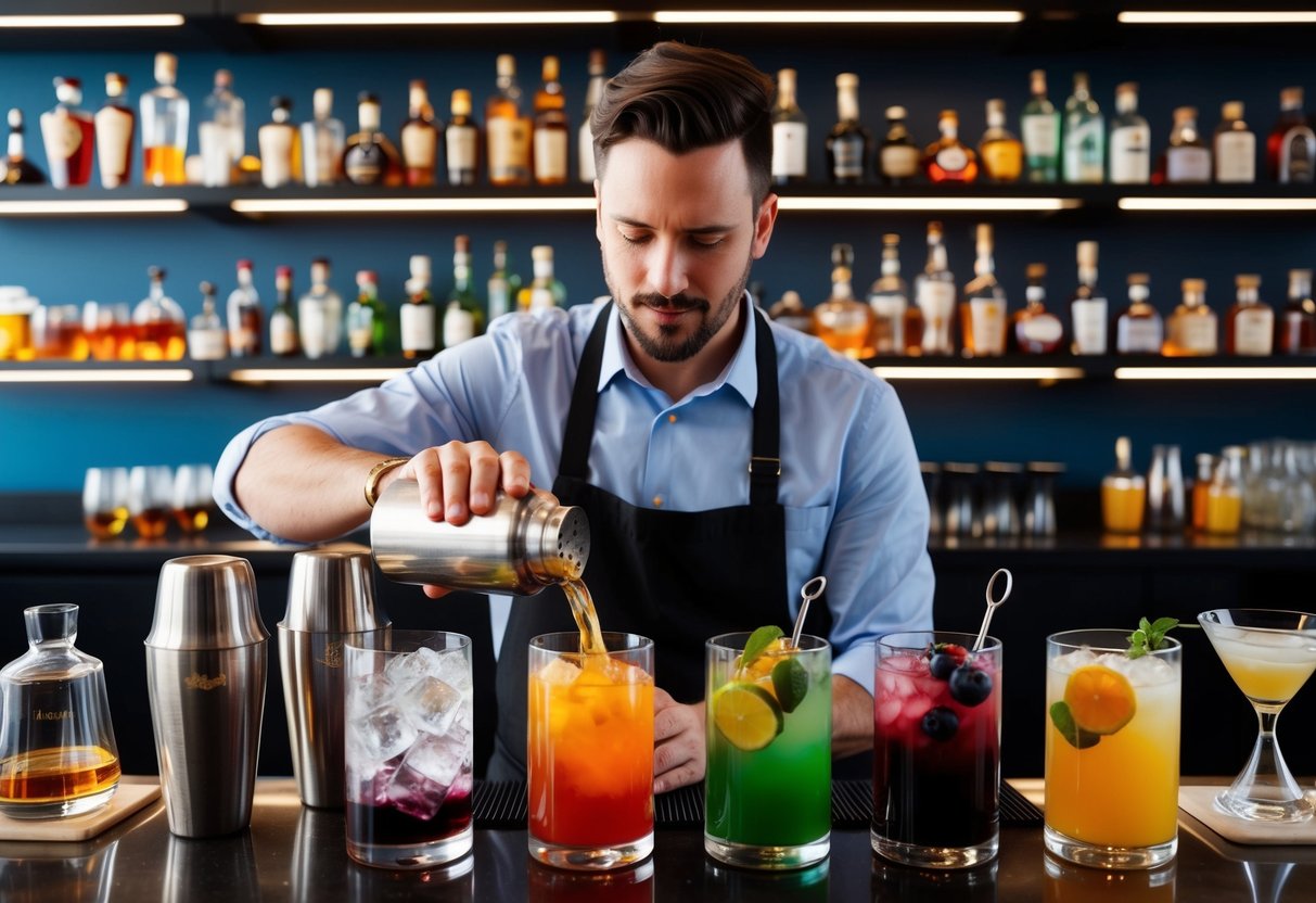A mixologist pours colorful liquids into shakers, surrounded by shelves of exotic spirits and cocktail ingredients at The Alchemist in Manchester