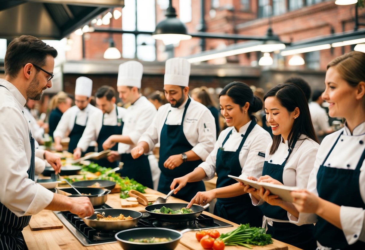 A bustling cooking class at Borough Market with chefs demonstrating and participants eagerly learning
