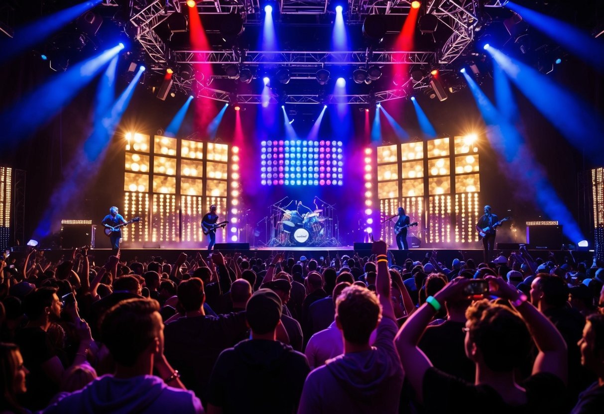 The O2 Apollo stage is illuminated with colorful lights as the crowd cheers and dances to the music. The band performs against a backdrop of dazzling visuals