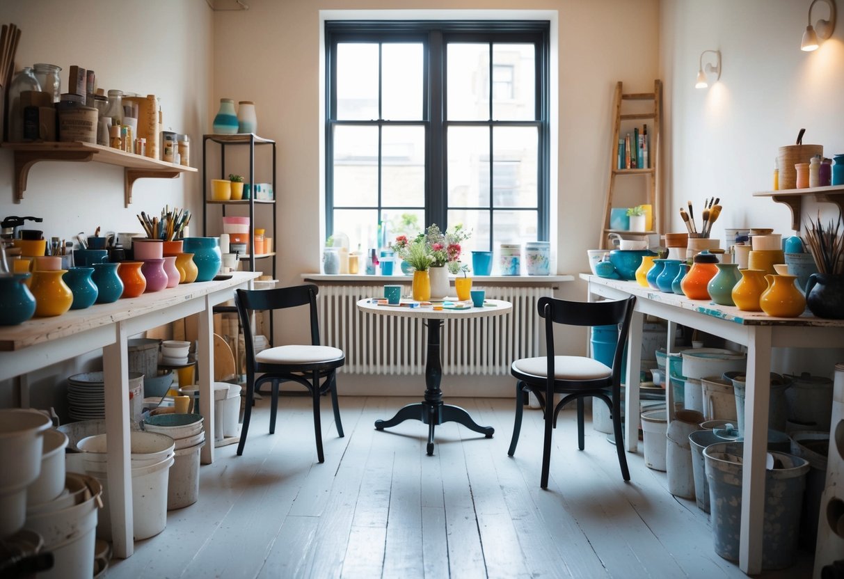 A cozy studio in Notting Hill, filled with colorful ceramic pieces and paint supplies, with two empty chairs facing a table set up for painting