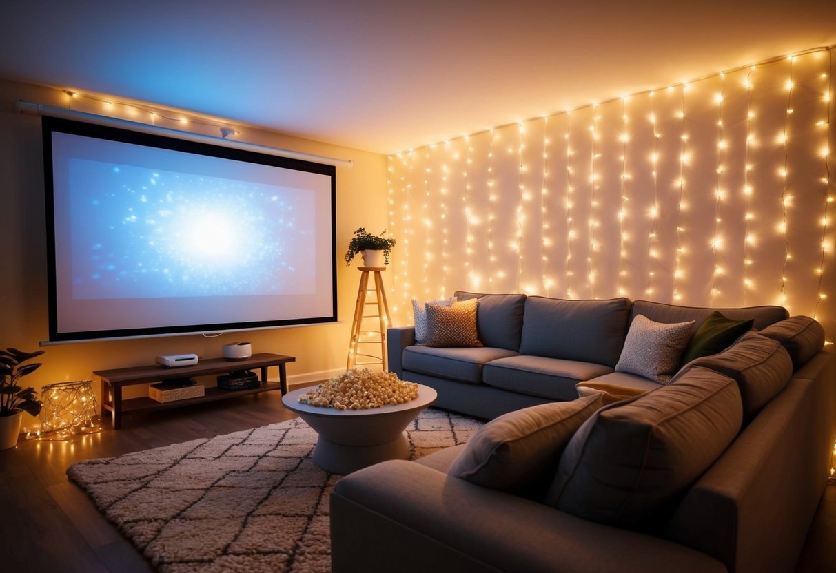 A cozy living room with a projector screen, popcorn, and fairy lights