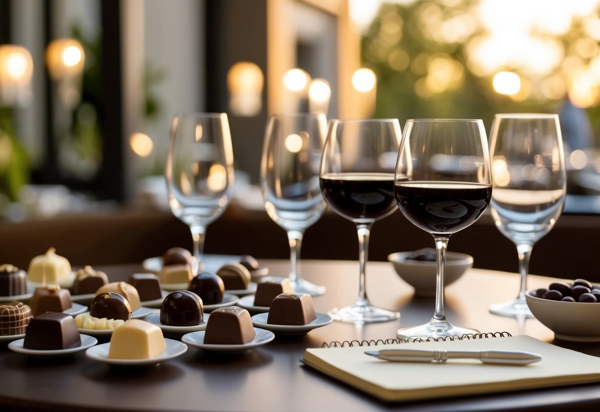 A table set with various chocolates, surrounded by elegant tasting glasses and a small notebook for jotting down notes