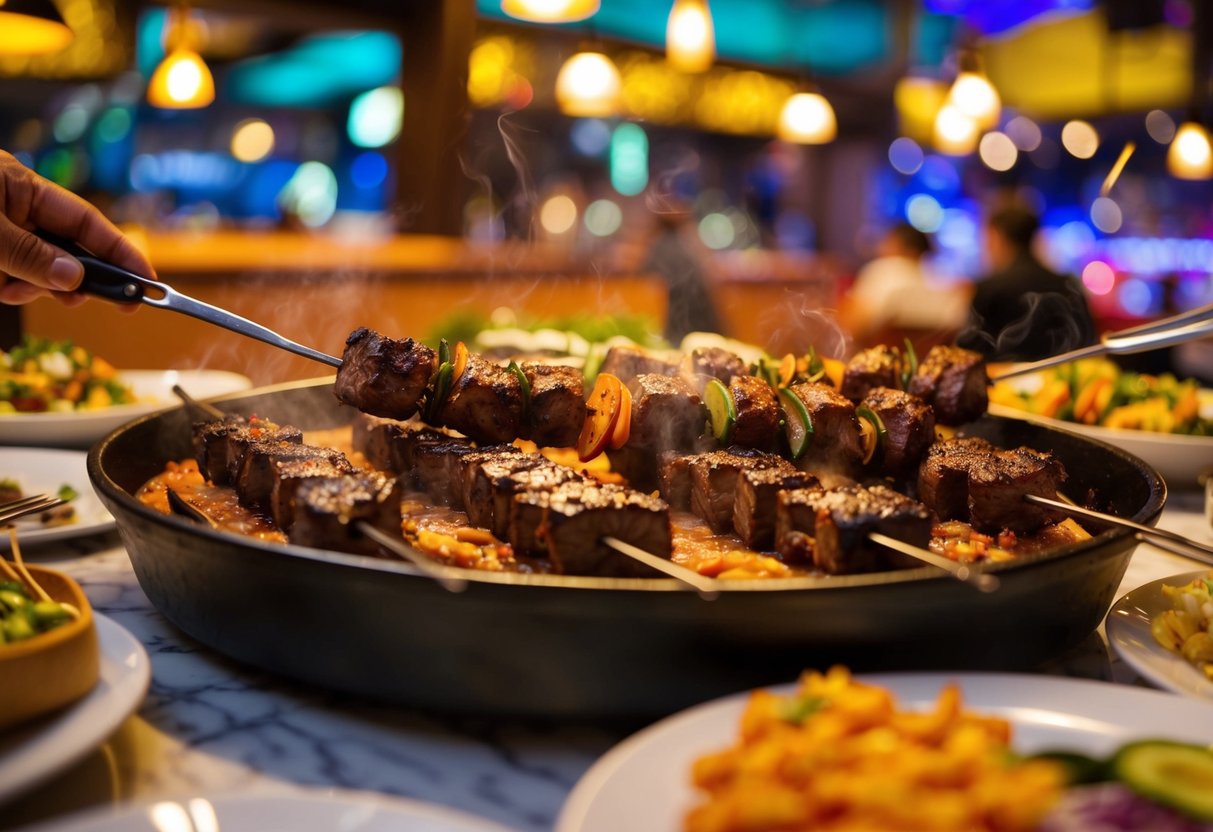 A bustling Brazilian steakhouse with sizzling skewers, vibrant decor, and lively ambiance