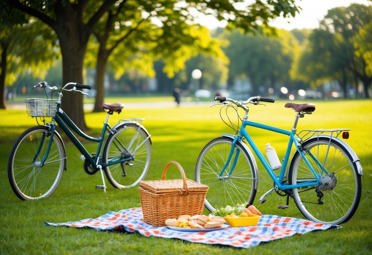 A picnic in the park with a blanket, basket of food, and two bicycles parked nearby