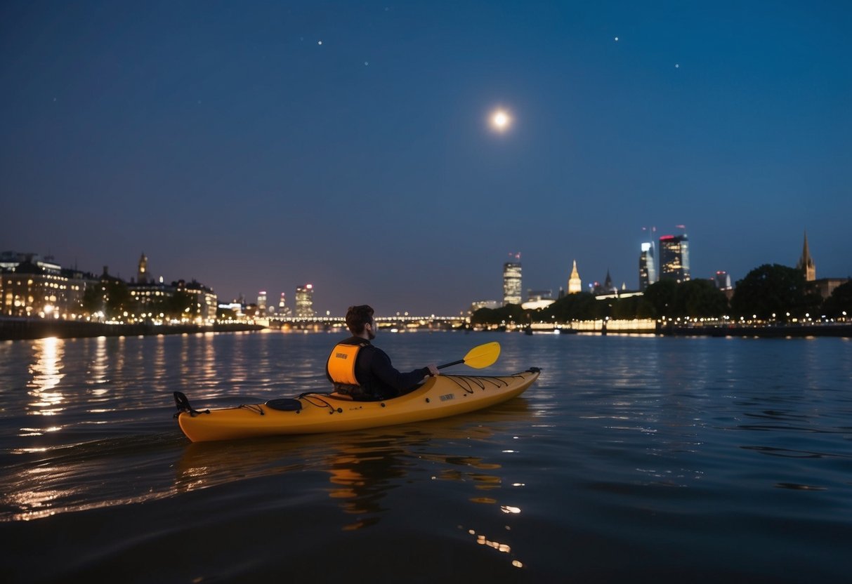 A lone kayak glides through the calm waters of the Thames under the moonlit sky, surrounded by the twinkling lights of the city