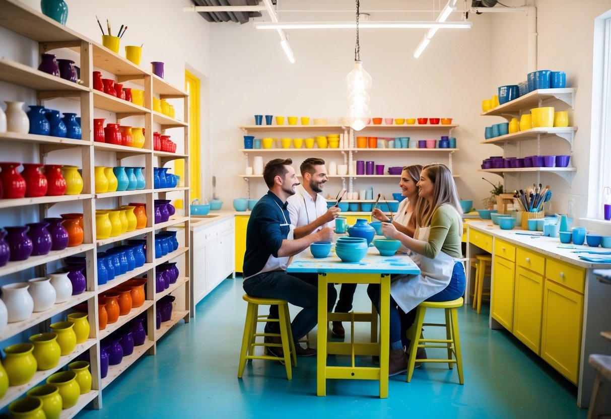 Brightly lit pottery studio with colorful shelves of paint, brushes, and unfinished pottery pieces. Tables set up for painting, with couples enjoying a creative date