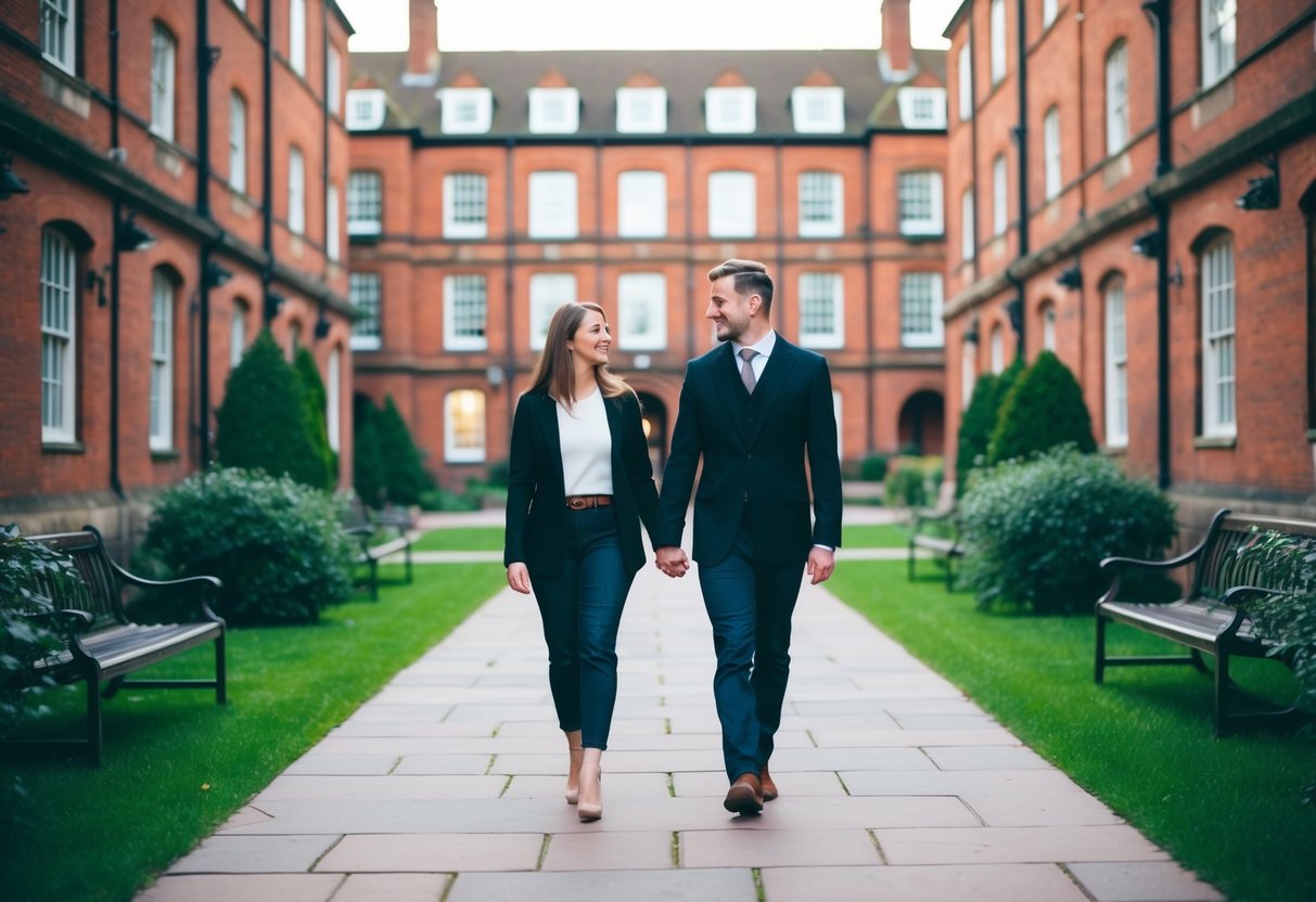 A couple strolling past red-brick buildings and leafy courtyards on the University of Manchester's campus