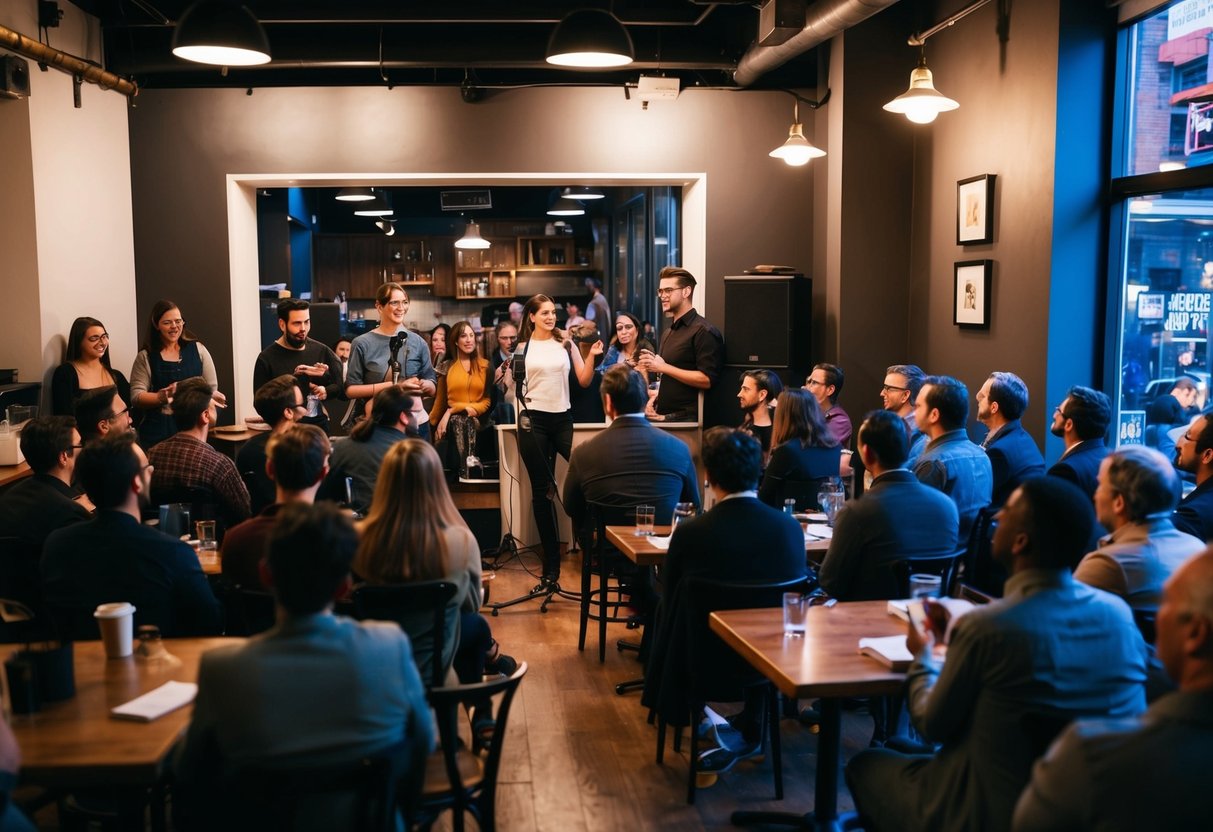 A dimly lit coffee shop with a small stage, a mic, and a crowd of people sitting at tables, eagerly listening to poets perform