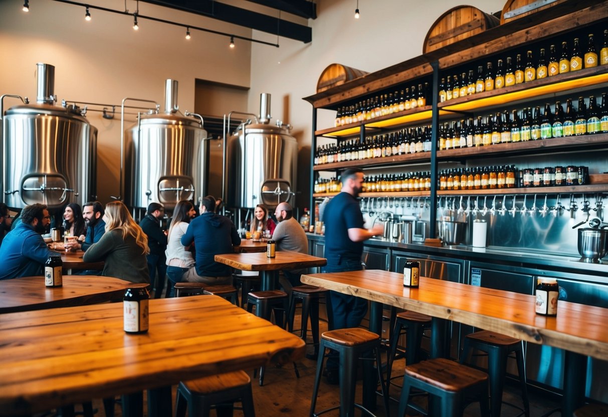 A cozy brewery with rustic wooden tables, large stainless steel vats, and shelves of colorful craft beer bottles. A warm, inviting atmosphere with soft lighting and a bustling crowd