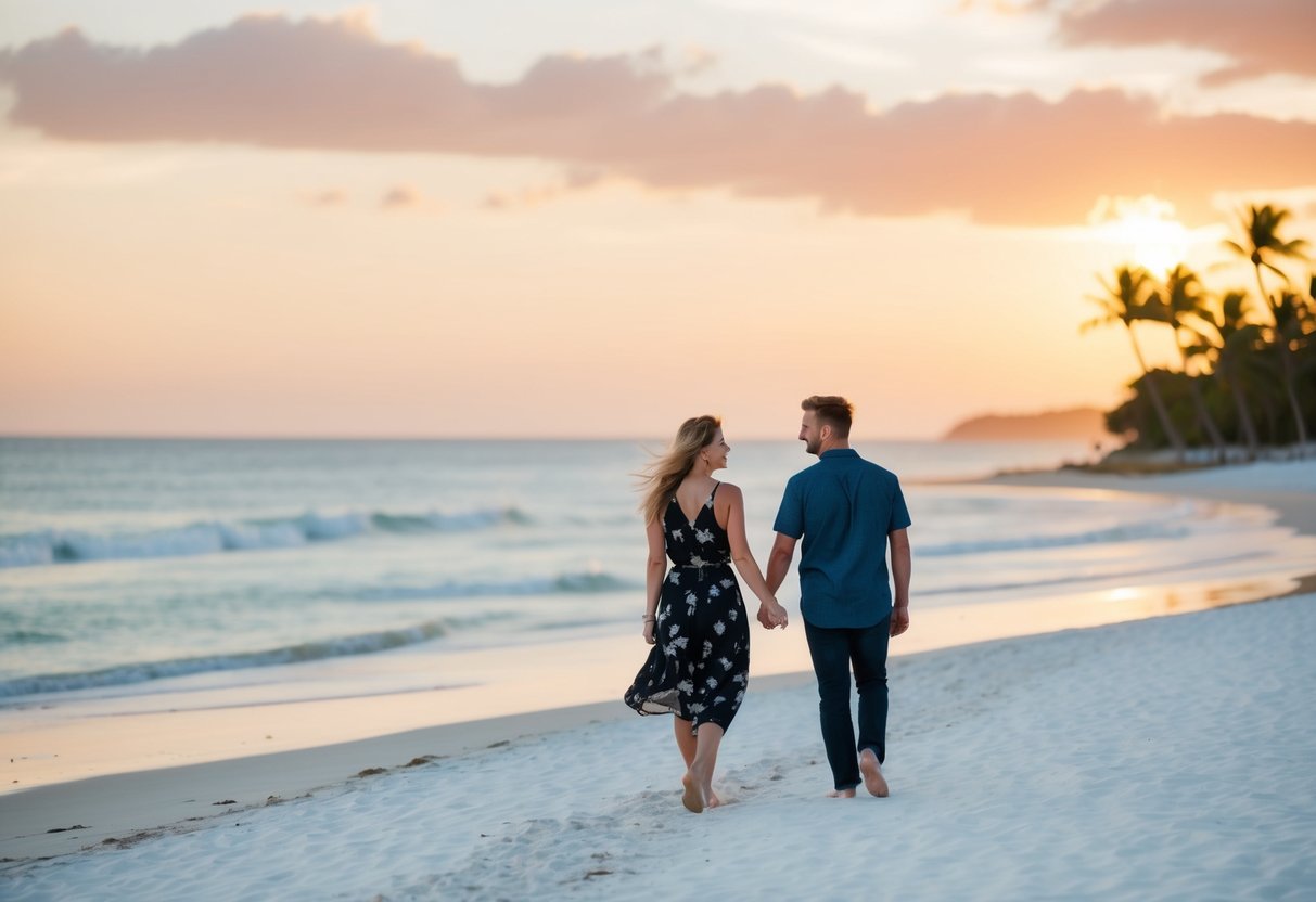 A couple strolling on a white sandy beach, palm trees swaying in the background, as the sun sets over the ocean