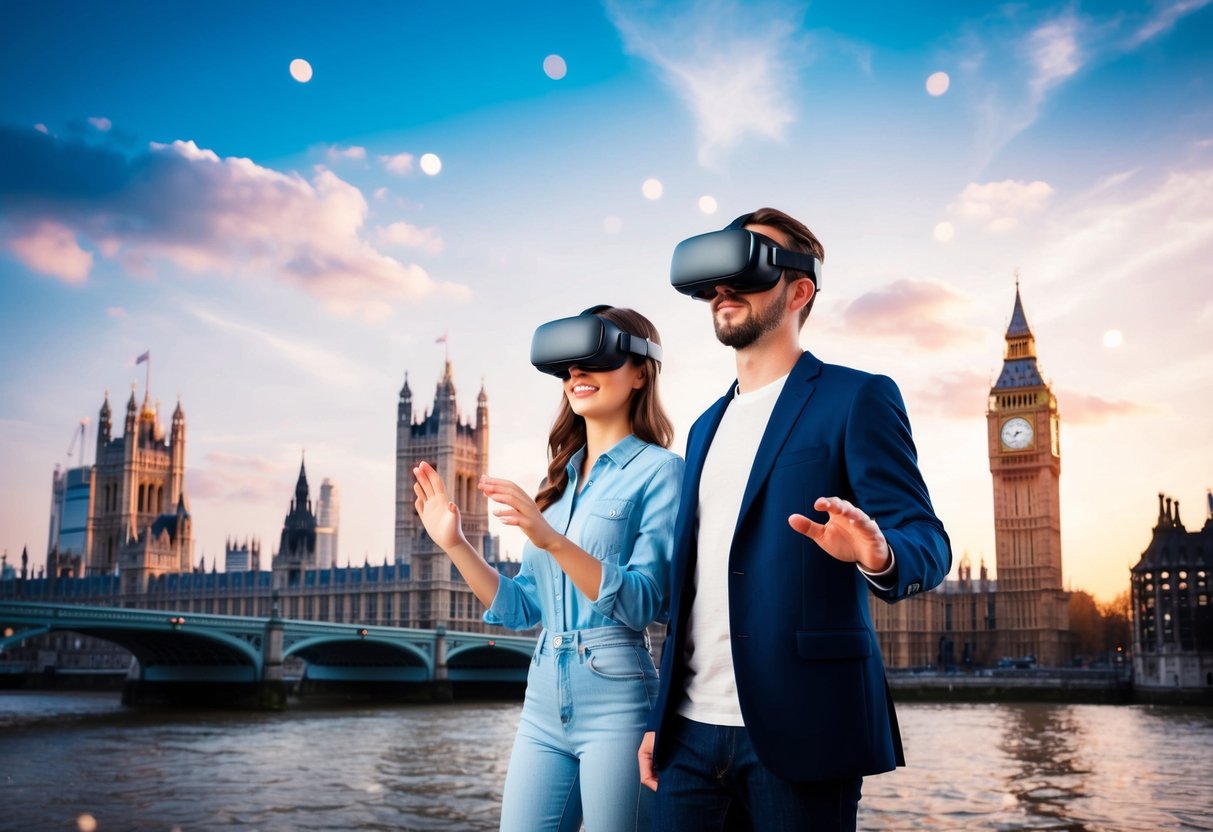 A couple exploring a virtual reality world with London landmarks and attractions as a backdrop